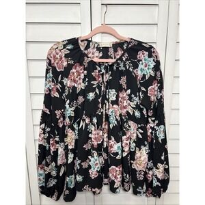 Altar'd State Floral Balloon Sleeve Tie Neck Tiered Babydoll Top Size Medium